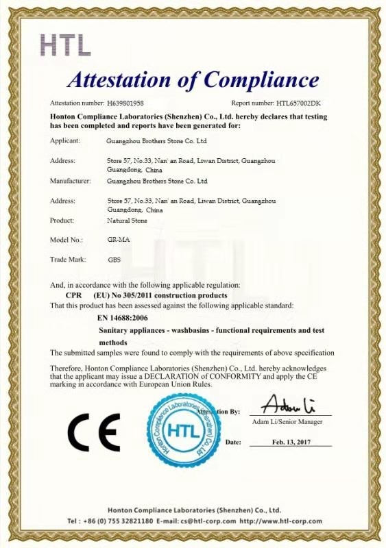 China Guangzhou Brothers Stone Co., Ltd. Certificaciones